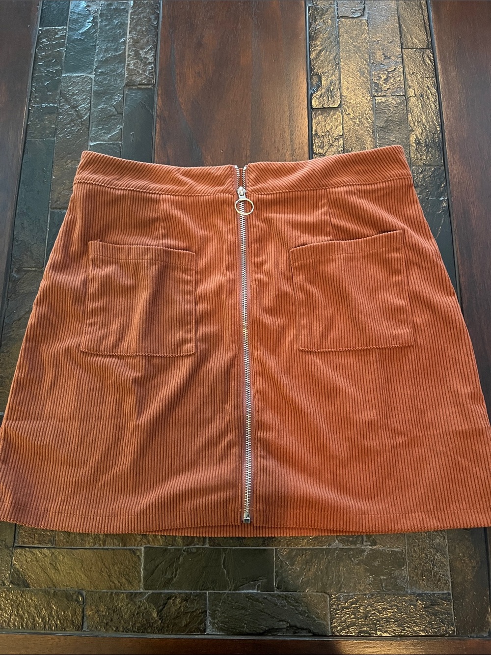 SHEIN Rust Corduroy Front-Zip Mini Skirt